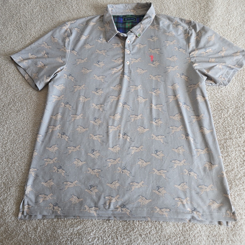 William Murray Golf Here Kitty Kitty Mens Sz XL Polo Shirt All-Over Design Gray